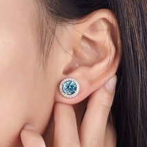 2.50Ct Round Blue Topaz Created Halo (Removable) Ear Jacket Silver Stud Earrings - £69.81 GBP