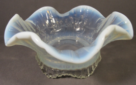 Vintage Opalescent Glass Bowl Pedestal Etched Flower Design Ruffled Edge... - $39.77