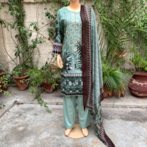Pakistani Sage Green Printed Straight Shirt 3-PCS Lawn Suit w/ Threadwork ,L - £39.84 GBP