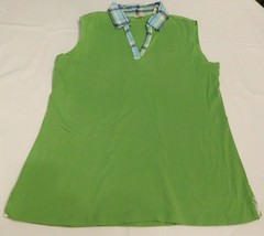 Izod Size L large ladies women&#39;s sleeveless polo shirt Green w/ Plaid Collar GUC - £12.07 GBP