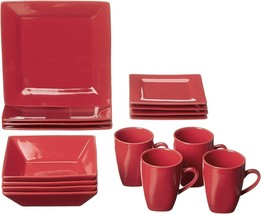 16 Piece Dinnerware Set For 4 Modern Stoneware Dishes Plates Bowl Mug Red Square - £65.73 GBP
