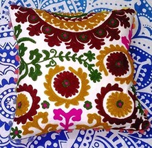 Suzani Pillow, Pom Pom Indian Cushion Cover 16x16, Embroidered Decorativ... - $9.89