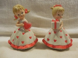 Vintage Lefton Bisque Valentine Girl Heart Dress Figurines 2733 Set of 2 - $59.95