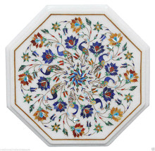 12&quot; White Marble Coffee Table Top Rare Marquetry Lapis Gems Inlay Arts Decor - £407.00 GBP