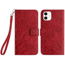 For iPhone 12 Tree Birds Embossed Pattern Leather Phone Case(Red) - £3.94 GBP