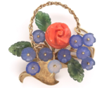 14k Gold Carved Coral and Chalcedony Flower and Jade Leaf Basket Pin (#J... - $1,880.01