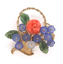 14k Gold Carved Coral and Chalcedony Flower and Jade Leaf Basket Pin (#J6237) - £1,502.51 GBP