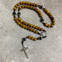 Black Gemstone Catholic Rosary with a silver-tone crucifix, Wood Bead rosary - £26.29 GBP