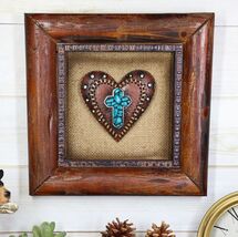 Rustic Western Turquoise Rocks Cross Heart Wooden Wall Decor Picture Frame - $30.99