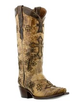 Cowboy Boots for Women Sand Distressed Leather Brown Inlay Cross Snip Toe - £86.32 GBP