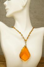 Studio Art Artisan Jewelry Amber Glass Crystal AB Beaded Pendant Necklace - $19.79