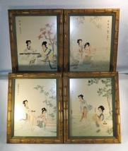 Set of 4 Four Japanese Silk Paintings w/ Custom Frames Artist Signed Geisha - £309.00 GBP