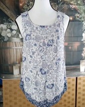 J.Jill Blouse Size S Floral Sleeveless Blue/Pink Tunic Tiny Pom Poms Hem - $13.86