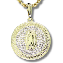 Round Virgin Mary Cz Pendant 14k Gold Plated w/ 24&quot; Rope Chain Hip Hop Necklace - £7.59 GBP