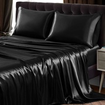 4Pcs Satin Sheet Set Queen Size Ultra Silky Soft Black Satin Queen Bed Sheets Wi - £36.44 GBP