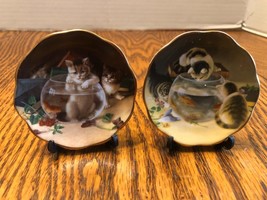 2 Vintage Fine Bone China 3&quot; Kitty Cat In Fishbowl Plates-With Stands-Br... - £11.78 GBP
