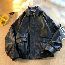 Leather Coat Men&#39;s American Fashion Brand Lapel Loose Pu Leather Biker Jacket Al - £119.89 GBP+