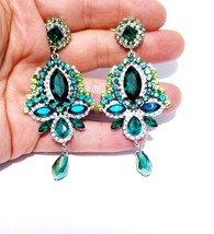 Rhinestone Beaded Earrings, Chandelier Drop Earrings, Green Pageant Earrings, Gi - £30.03 GBP