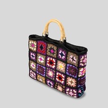 Vintage Crochet Granny Square Tote Bag Designer Bamboon Handle Women Handbags  H - £118.08 GBP