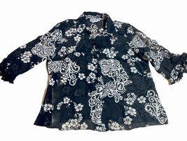 Dressbarn Women XL 1X 1/4 Ruffle Sleeve Button Down Blouse Black Floral - $7.83