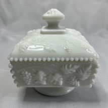 WESTMORELAND Beaded Square Compote Covered Candy Dish Grapes Milk Glass Pedestal - £14.51 GBP