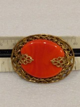 Vintage Miriam Haskell Large Coral Stone &amp; Gold Filigree Brooch Signed - £78.69 GBP