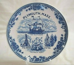 Vintage 9&quot; Luncheon Plate Blue &amp; White Plymouth Mass Mayflower Massasoit Chief - £15.59 GBP