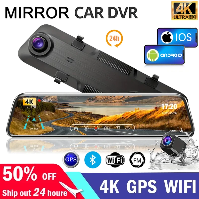 12&quot; Car Dvr Rearview Mirror Camera 4K IPS Touch Screen Car Video Recorder With - £105.19 GBP+