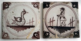 Pair Unusual DELFT Manganese Tiles c1750 Brown Swan &amp; Walking Figure - £265.85 GBP