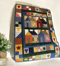 Quilt Rustic Country Hearts Homes Patchwork Homey Colorful 41.5&quot;X29.5&quot; blue red - $49.50