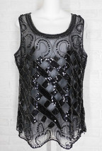 PAPARAZZI Mesh Tank Top Beaded Sequins Embroidered Black NWT Small Medium - £22.12 GBP