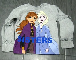 DISNEY FROZEN Elsa and Anna SISTERS Girl&#39;s Long Sleeve Top Shirt Grey Si... - £7.85 GBP