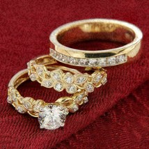 3Ct Round Cut VVS1/D Diamond Trio Wedding Bridal Ring Set 14K Yellow Gold Finish - £125.86 GBP