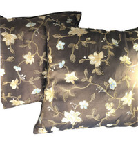 19&quot;x19&quot; Chocolate Brown floral embroidered Cushion Pillow Cover W/ Down Insert 2 - £47.46 GBP