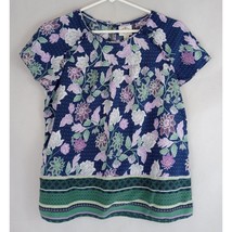 St. John&#39;s Bay Women&#39;s Blue Blouse With White &amp; Purple Floral Designs Size Large - £10.07 GBP