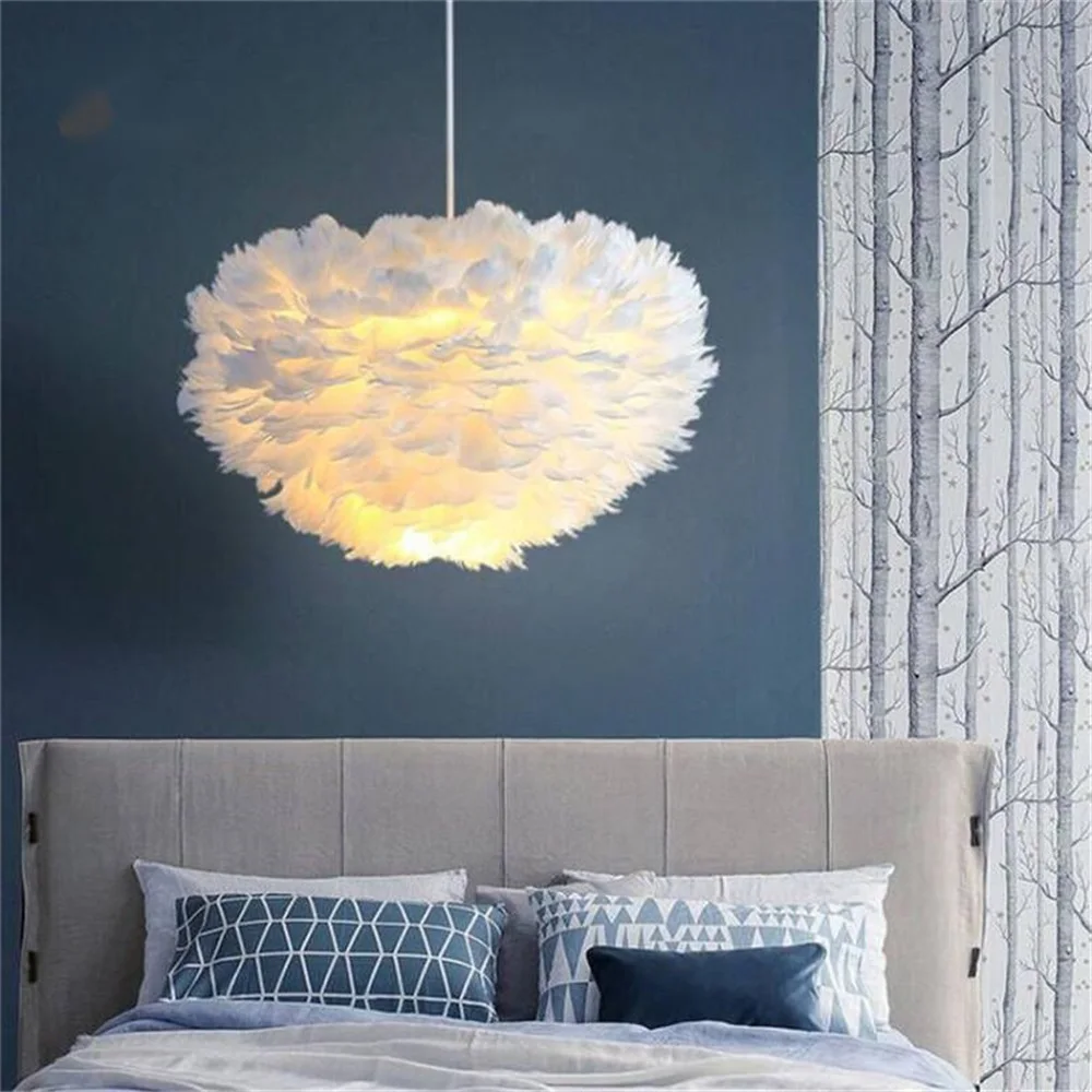 White goose feather pendant lamp e27 lamp holder fairy hanging lamp bedroom dining room thumb200