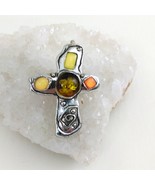 Cross Pendant / Brooch Silver Tone with Faux Amber and Stones - £10.29 GBP