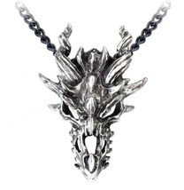 Men&#39;s Large Fierce Dragon Skull Pendant Pewter Necklace P625 Alchemy Gothic - $35.95