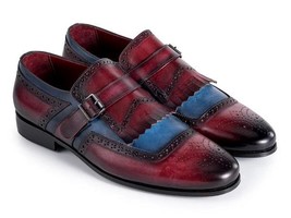 Paul Parkman Mens Shoes Blue Burgundy Kiltie Leather Monkstrap Handmade ... - $434.99
