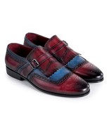 Paul Parkman Mens Shoes Blue Burgundy Kiltie Leather Monkstrap Handmade ... - €373,34 EUR