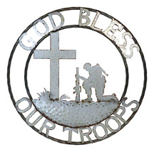 Large 24&quot;D Rustic Western God Bless Our Troops Sign Metal Circle Wall Decor - £39.31 GBP