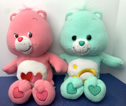 Lot of 2 2005 Plush Care Bears Toys Wish Bear Love-a- Lot Bear 12&quot; Green Pink - £15.57 GBP