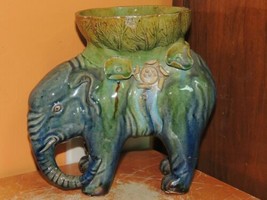 Antique Elephant 7&quot;+x7&quot;+ Stoneware Ceramic Blue &amp; Green Polychrome Glaze Mudman - £89.91 GBP