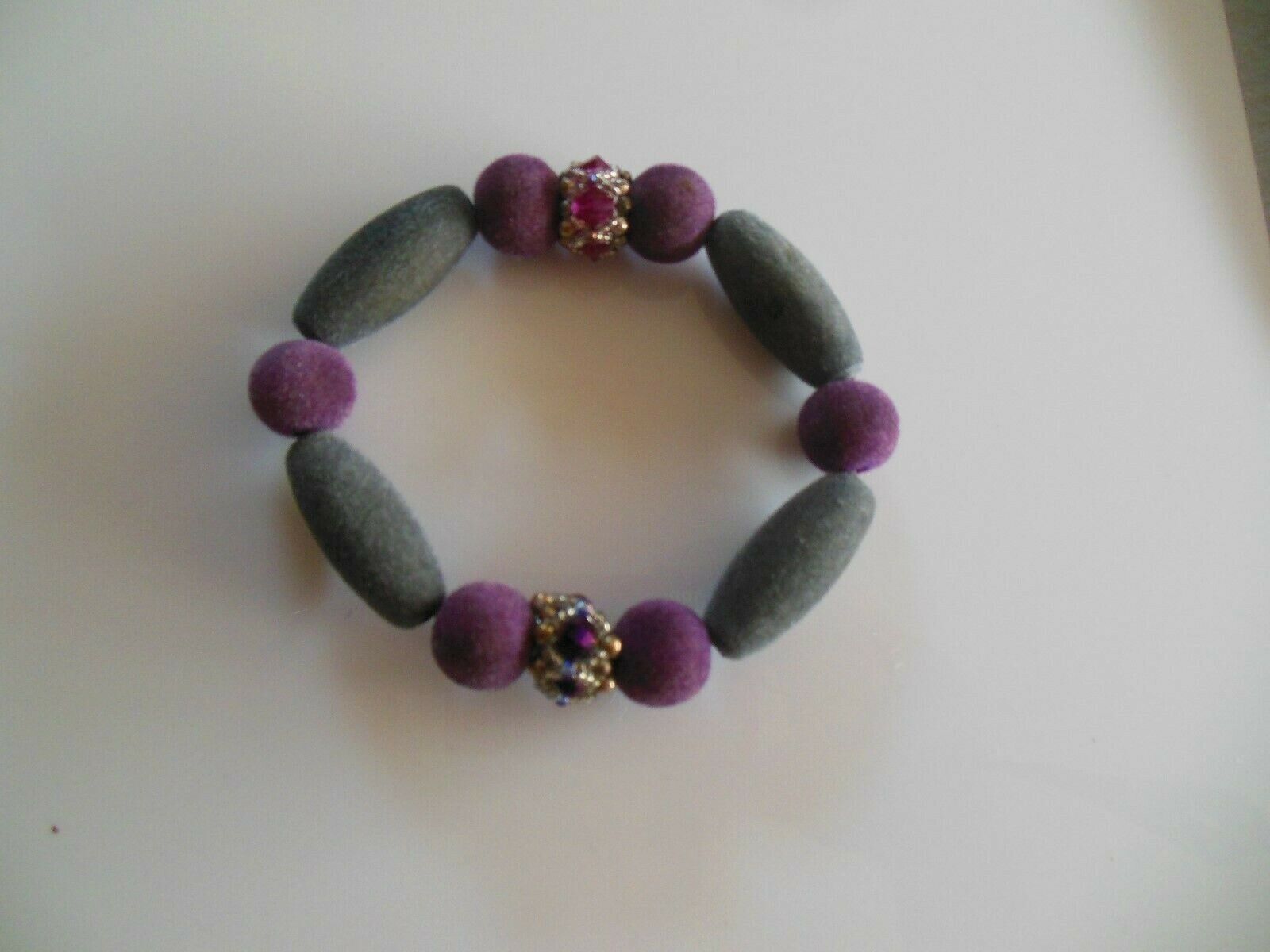 Large Fuzzy Beaded Purple/Grey Stretch Bracelet - $9.41