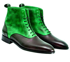  New Two Tone Green Black Contrast High Ankle Plain Toe Genuine Leather Lace up  - £119.61 GBP