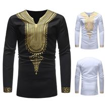 Men&#39;s Autumn Winter Luxury African Print Long Sleeve Dashiki Shirt Top Blouse - £26.43 GBP