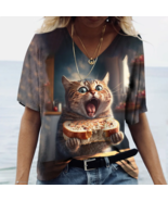 Oversized V-neck Cat Printed Short Sleeve Harajuku  T Shirt - $23.25 CAD+