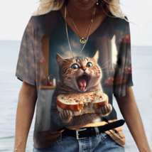 Oversized V-neck Cat Printed Short Sleeve Harajuku  T Shirt - $322.66 MXN+