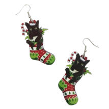 Black Cat Christmas Stocking Design Dangle Earrings - New - £13.36 GBP