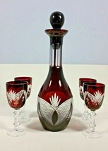 Vintage Ruby Red Cut to Clear Bohemian Glass Decanter Wine Set Cordial Stemware - £102.81 GBP